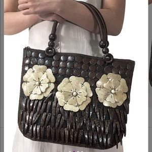 Coconut Shells tote-Camellia-Brown/White Floral bag- Accents are coconut shells-